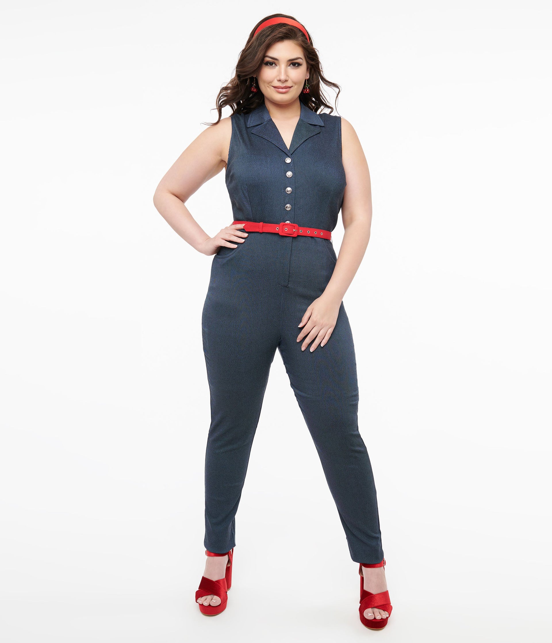 Unique Vintage Plus Size Blue Denim & Red Belt Skinny Jumpsuit - Unique Vintage - Womens, BOTTOMS, ROMPERS AND JUMPSUITS