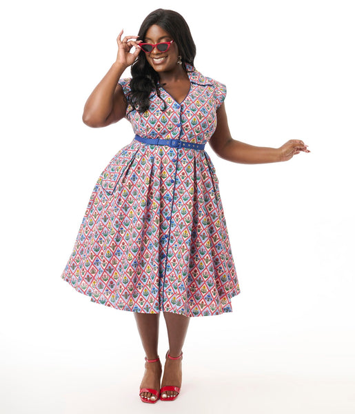 Unique Vintage Plus Size Blue Diamond Floral Shirt Swing Dress