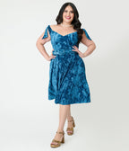 Unique Vintage Plus Size Blue Floral Embossed Velvet Prairie Swing Dress - Unique Vintage - Womens, DRESSES, SWING