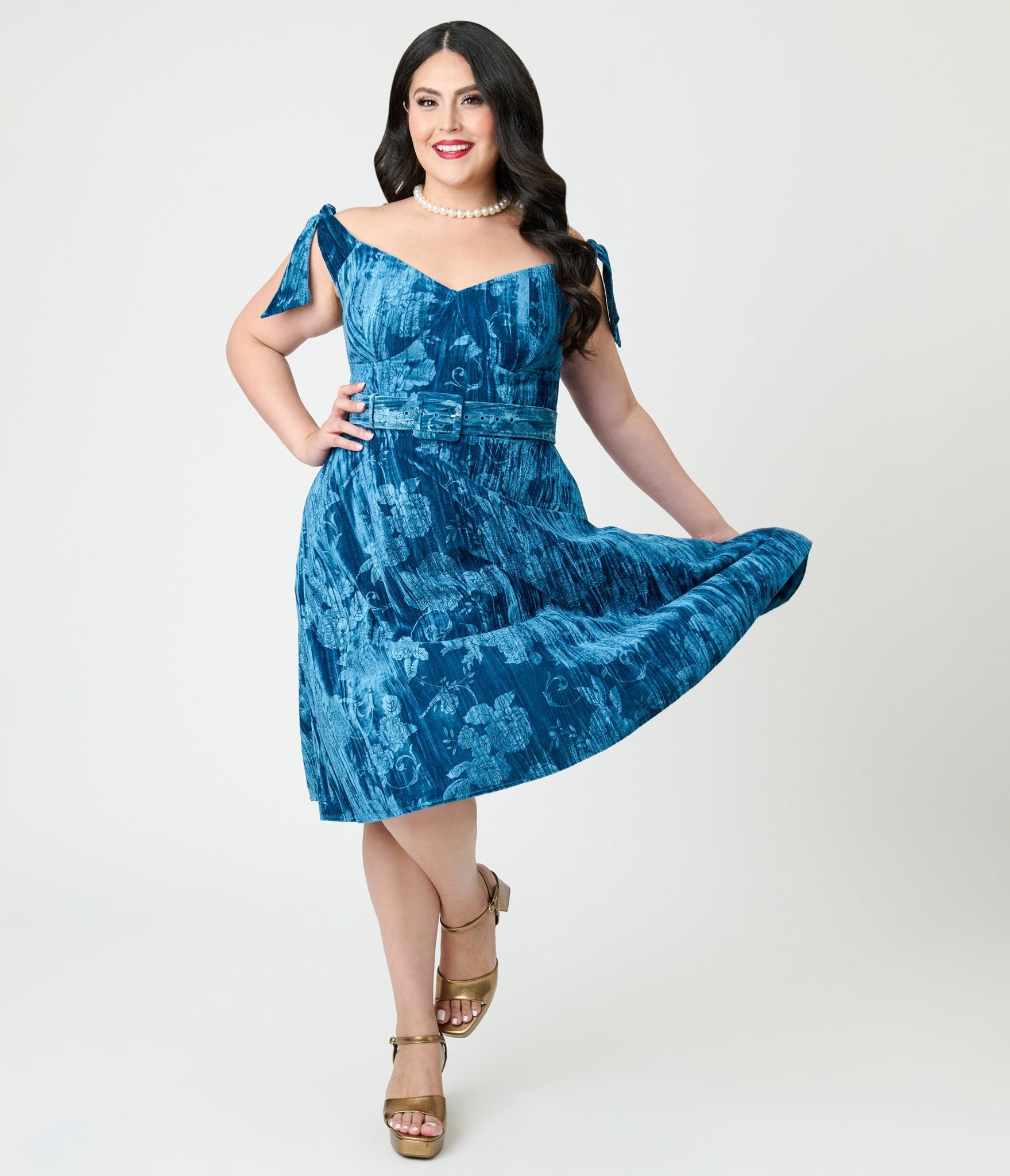 Unique Vintage Plus Size Blue Floral Embossed Velvet Prairie Swing Dre