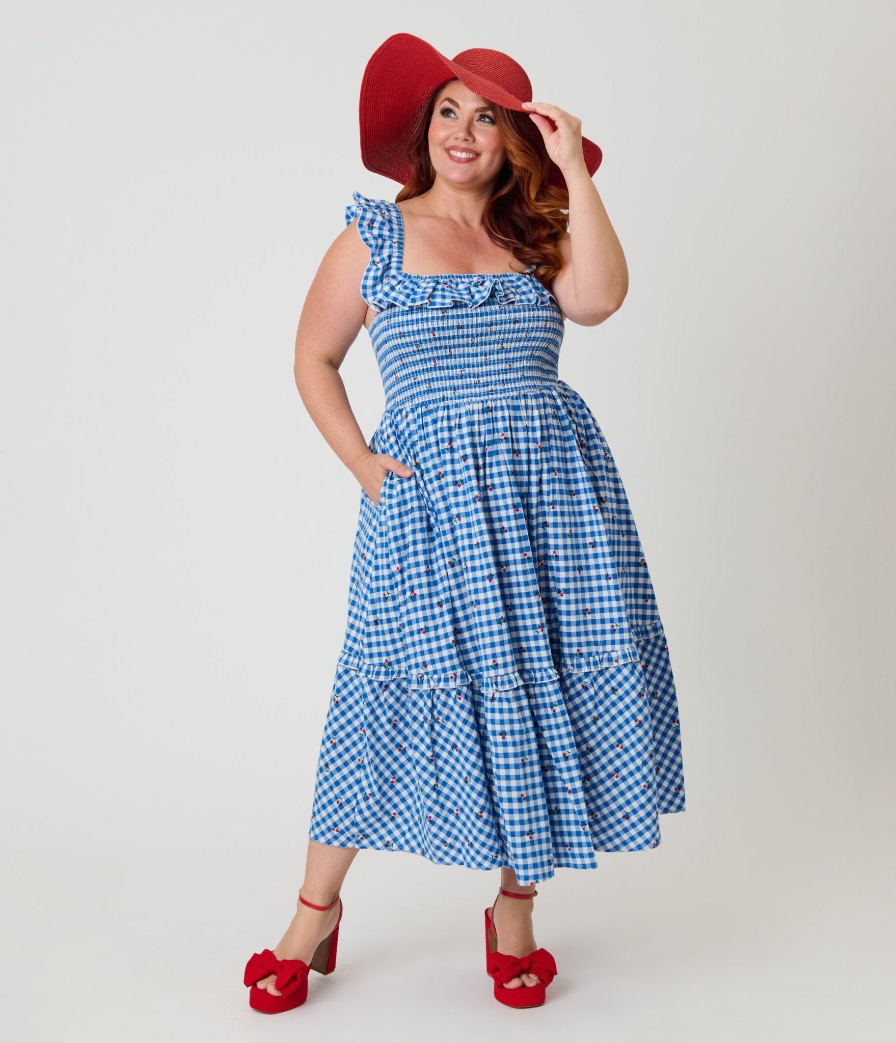 Unique Vintage Plus Size Blue Gingham & Cherries Midi Dress