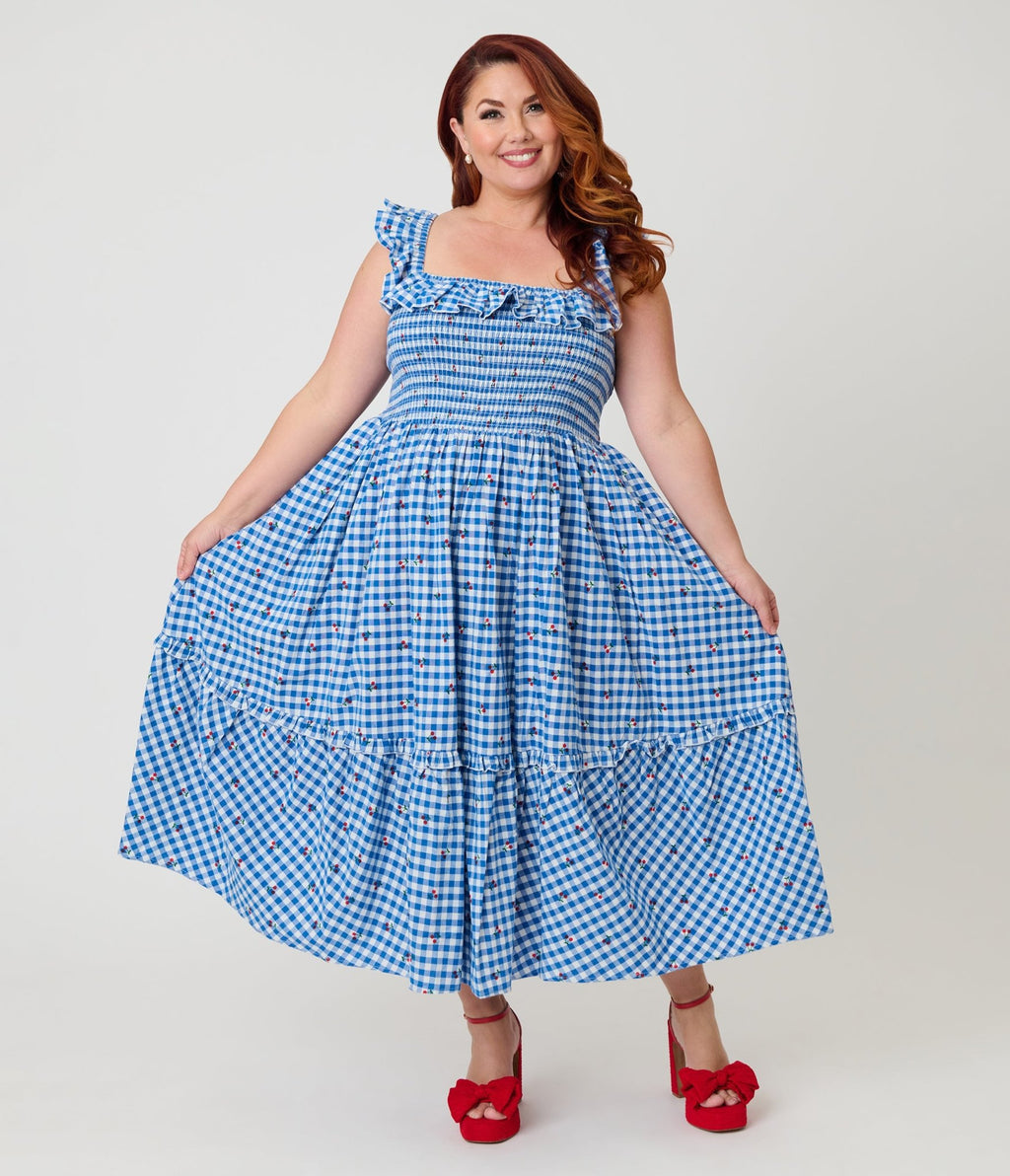 Unique Vintage Plus Size Blue Gingham & Cherries Midi Dress - Unique Vintage - Womens, DRESSES, MIDI