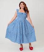 Unique Vintage Plus Size Blue Gingham & Cherries Midi Dress - Unique Vintage - Womens, DRESSES, MIDI