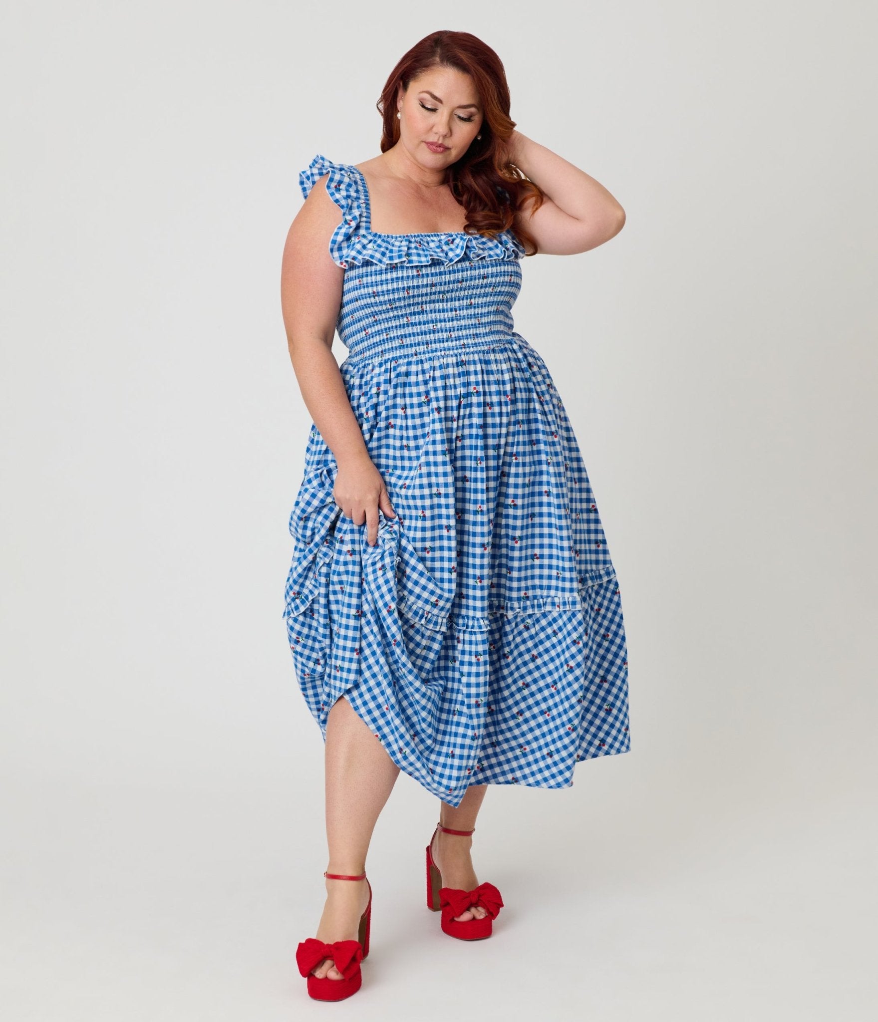 Unique Vintage Plus Size Blue Gingham & Cherries Midi Dress
