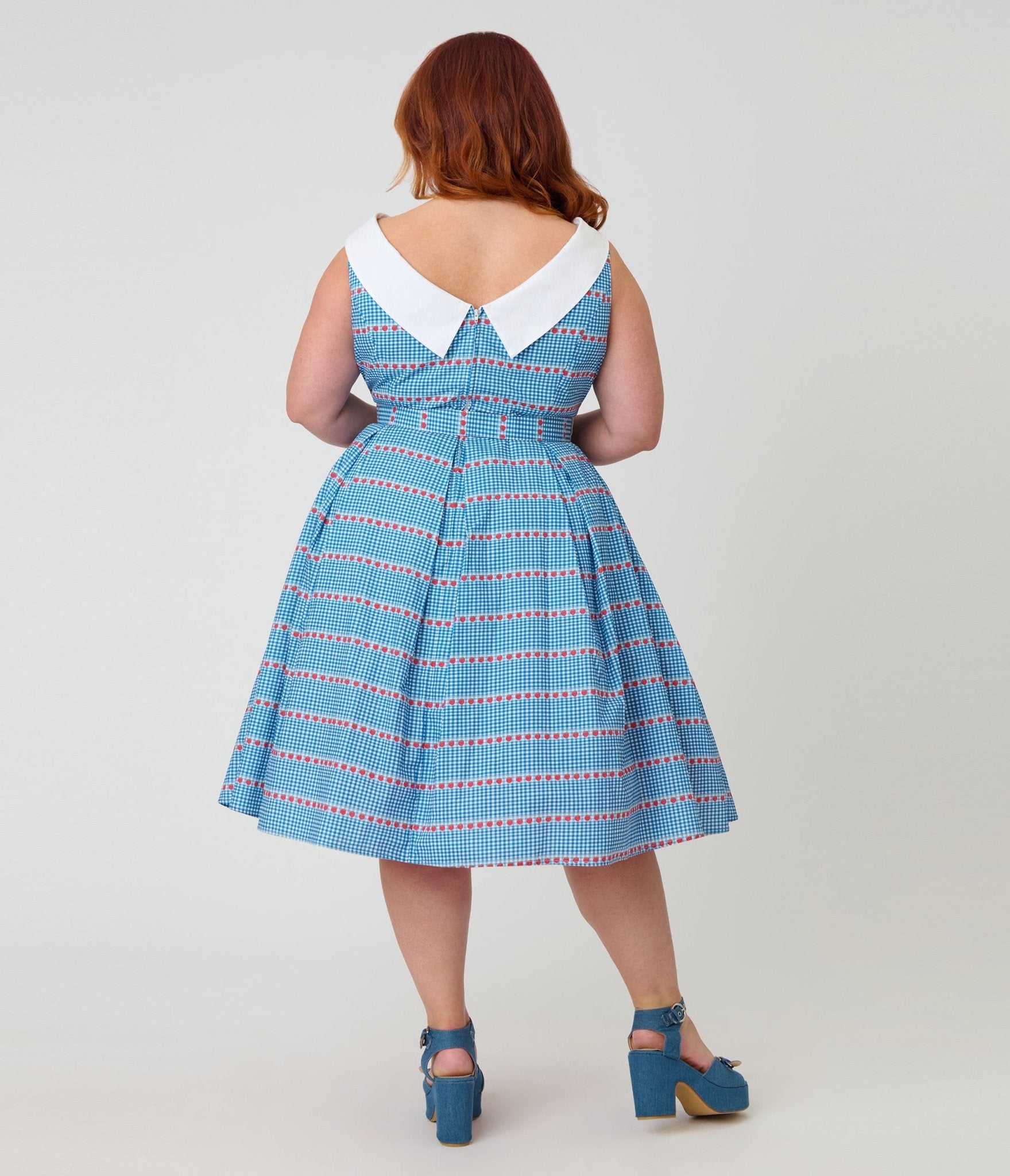 plus size blue gingham dress Unique Vintage Plus Size Blue Gingham & Strawberries Swing Dress