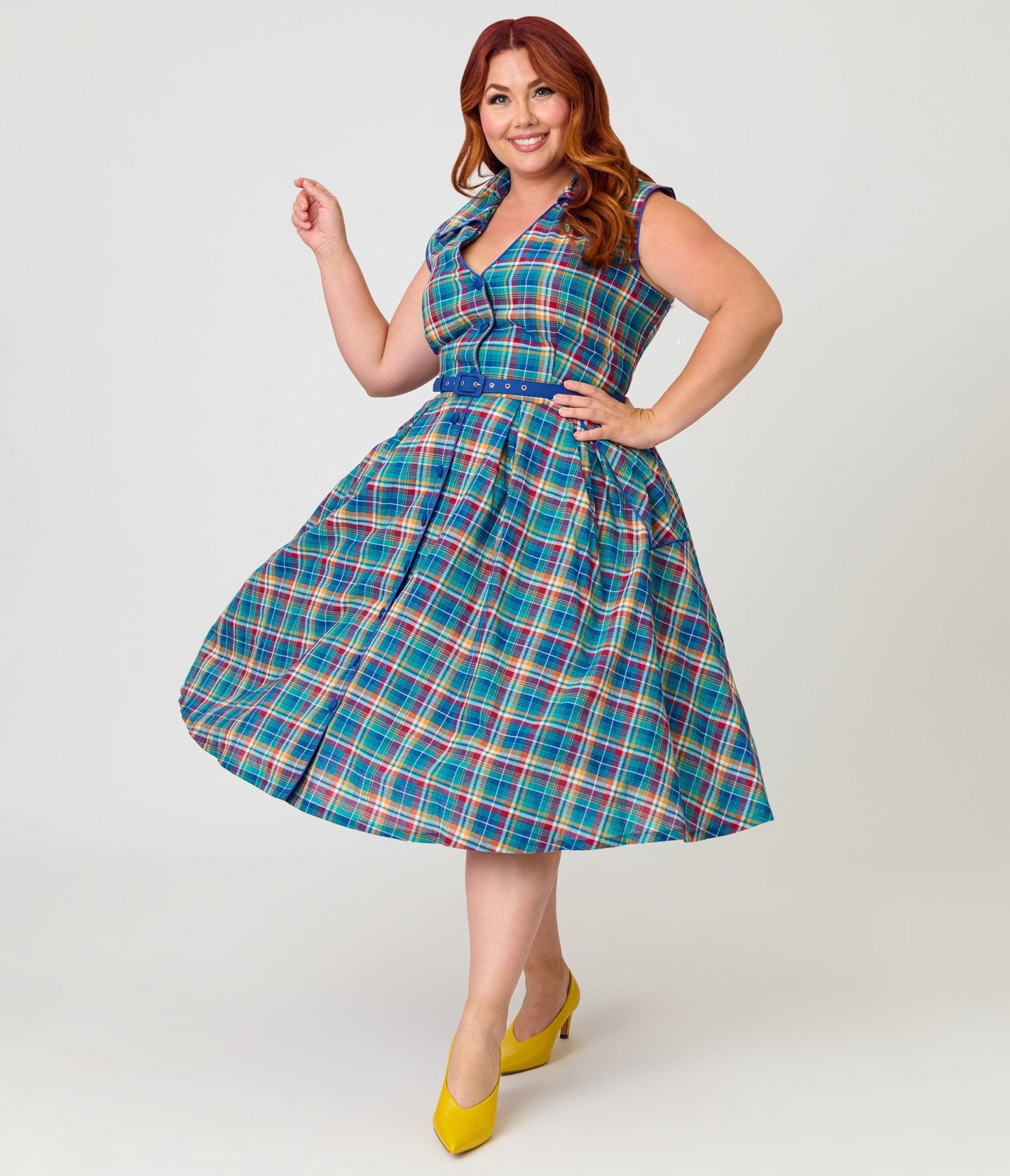 Unique Vintage Plus Size Blue Madras Plaid Shirt Swing Dress