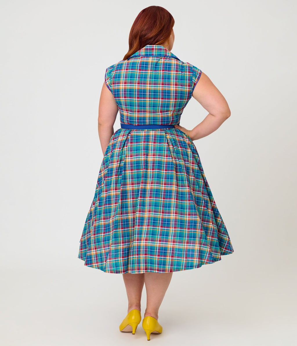 Unique Vintage Plus Size Blue Madras Plaid Shirt Swing Dress - Unique Vintage - Womens, DRESSES, SWING