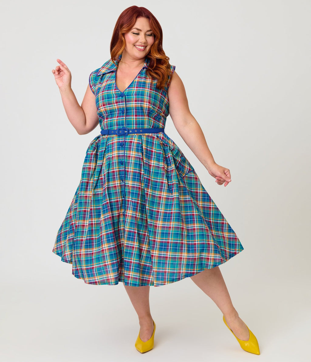 Unique Vintage Plus Size Blue Madras Plaid Shirt Swing Dress - Unique Vintage - Womens, DRESSES, SWING