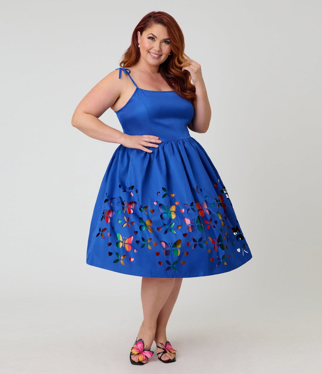 Unique Vintage Plus Size Blue & Rainbow Striped Butterfly Cutout Bobbi