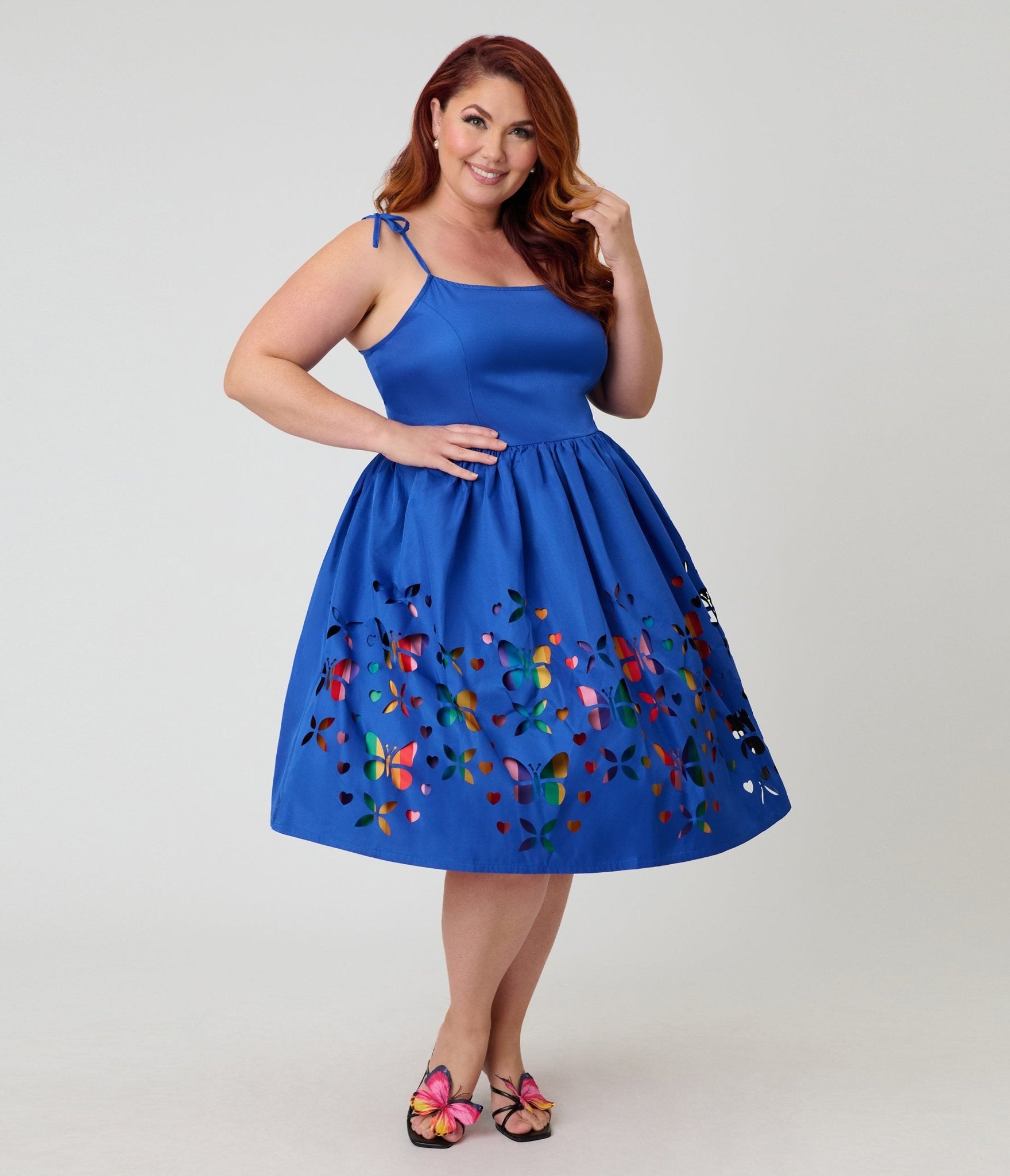 Unique Vintage Plus Size Blue & Rainbow Striped Butterfly Cutout Bobbie Swing Dress - Unique Vintage - Womens, DRESSES, SWING