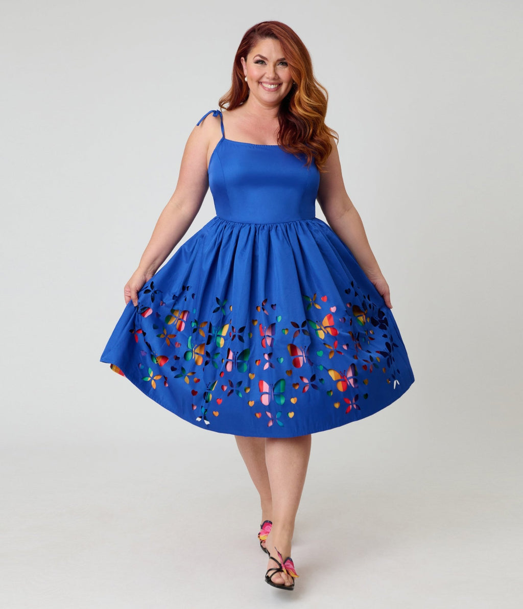 Unique Vintage Plus Size Blue & Rainbow Striped Butterfly Cutout Bobbie Swing Dress - Unique Vintage - Womens, DRESSES, SWING