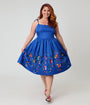 Unique Vintage Plus Size Blue & Rainbow Striped Butterfly Cutout Bobbie Swing Dress