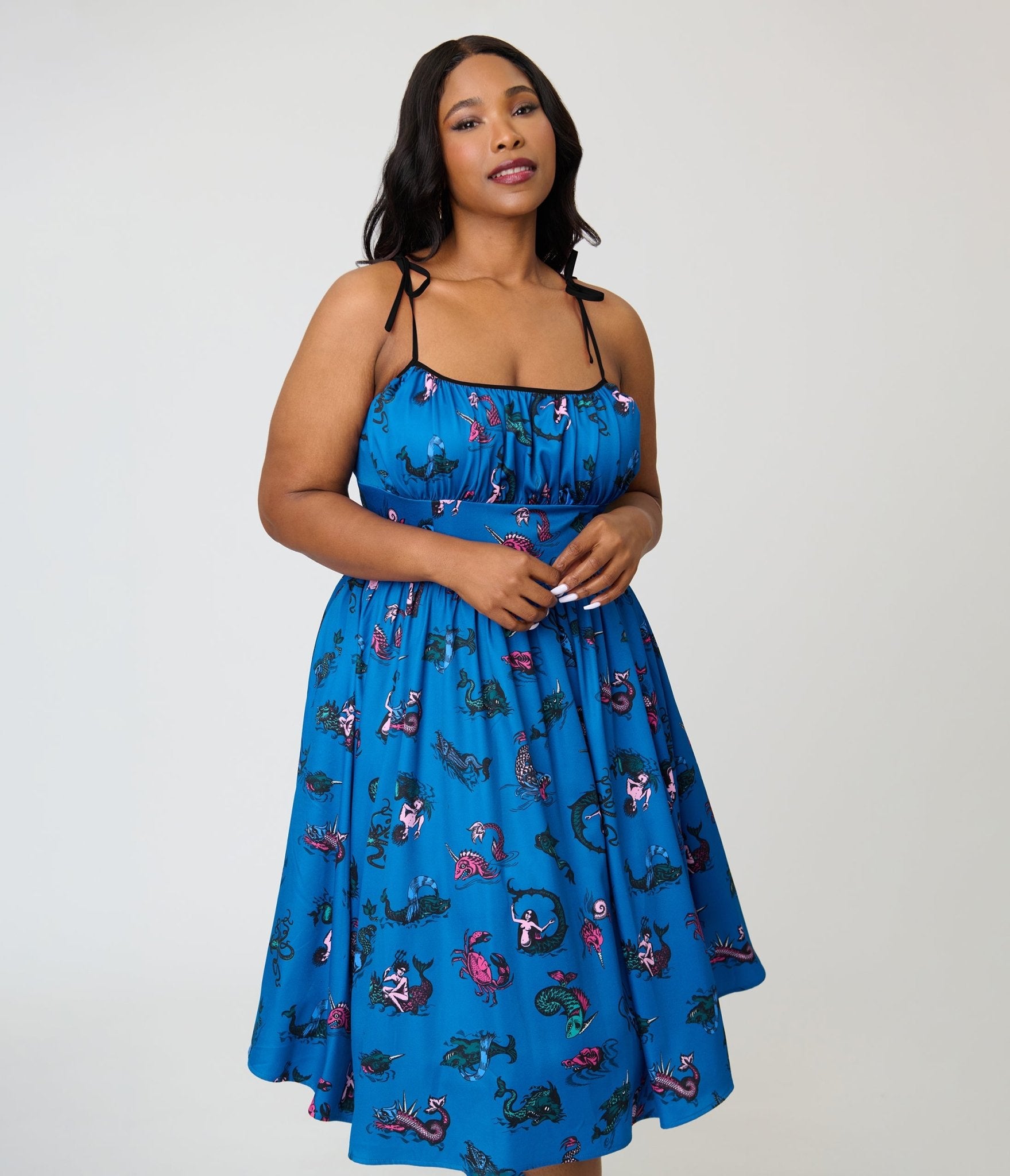 Unique Vintage Plus Size Blue Sea Creatures Sleeveless Swing Dress