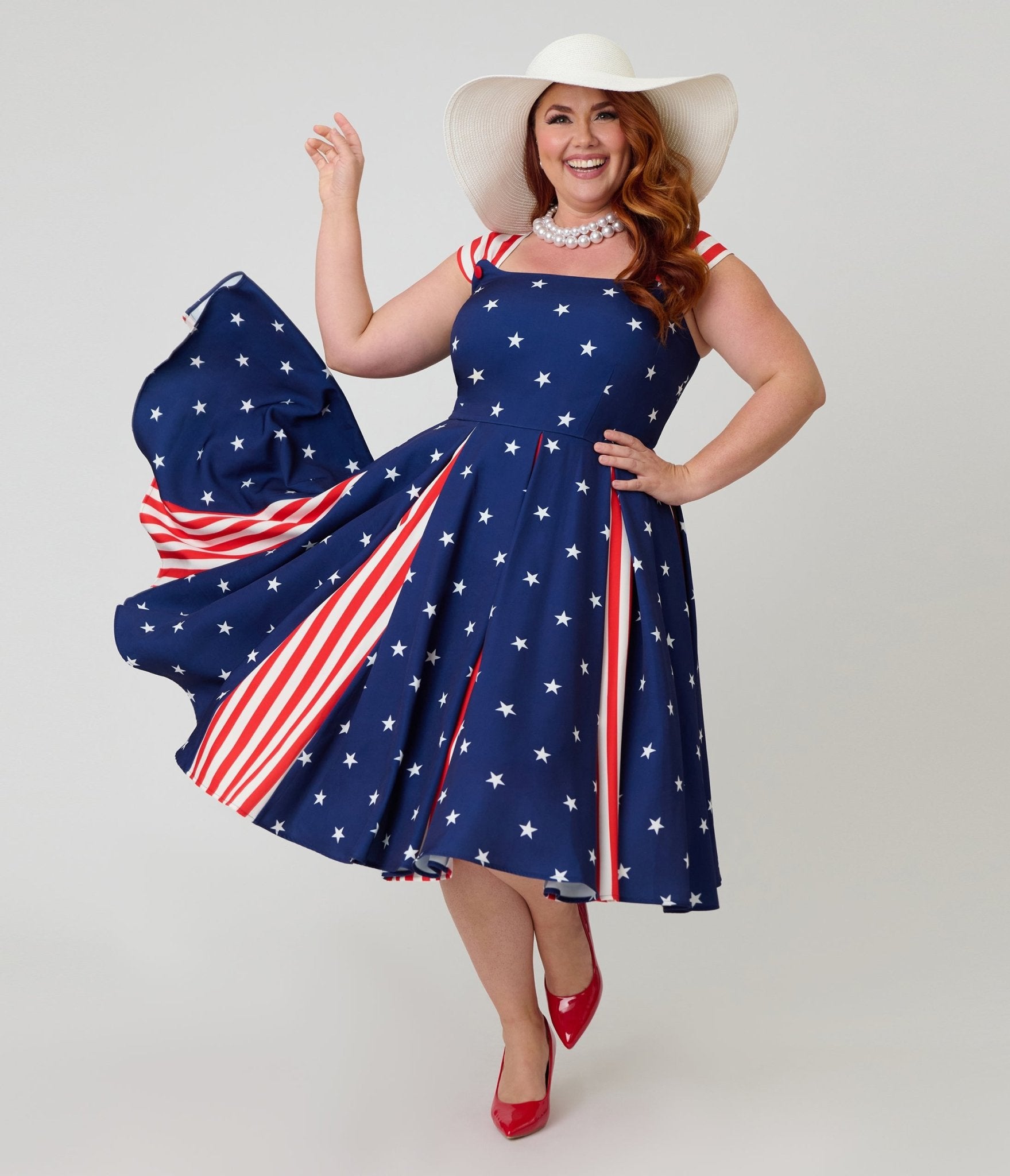 Unique Vintage Plus Size Blue & Stars Americana Striped Swing Dress