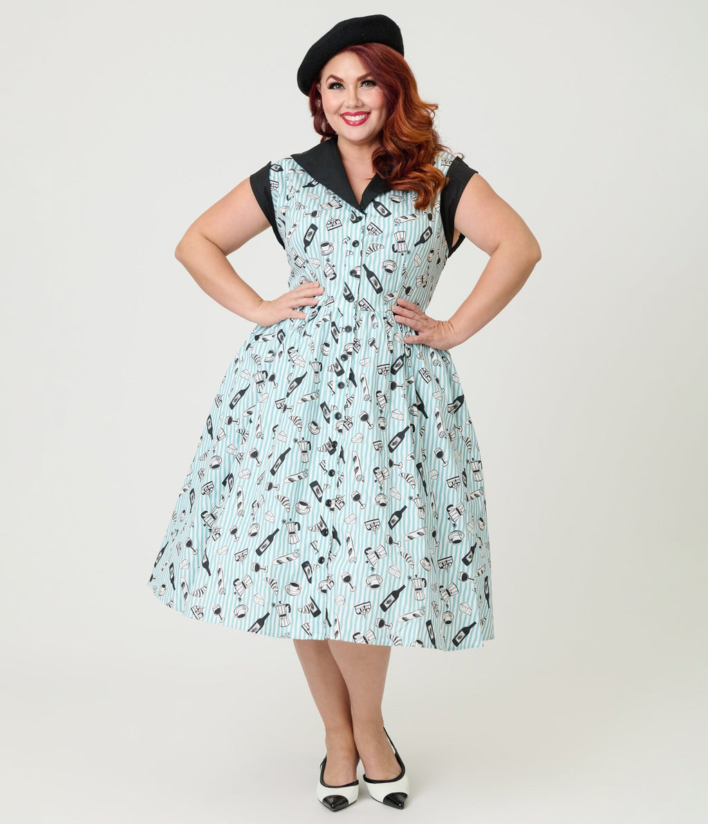 Unique Vintage Plus Size Blue Stripe & Paris Cafe Print Swing Dress - Unique Vintage - Womens, DRESSES, SWING