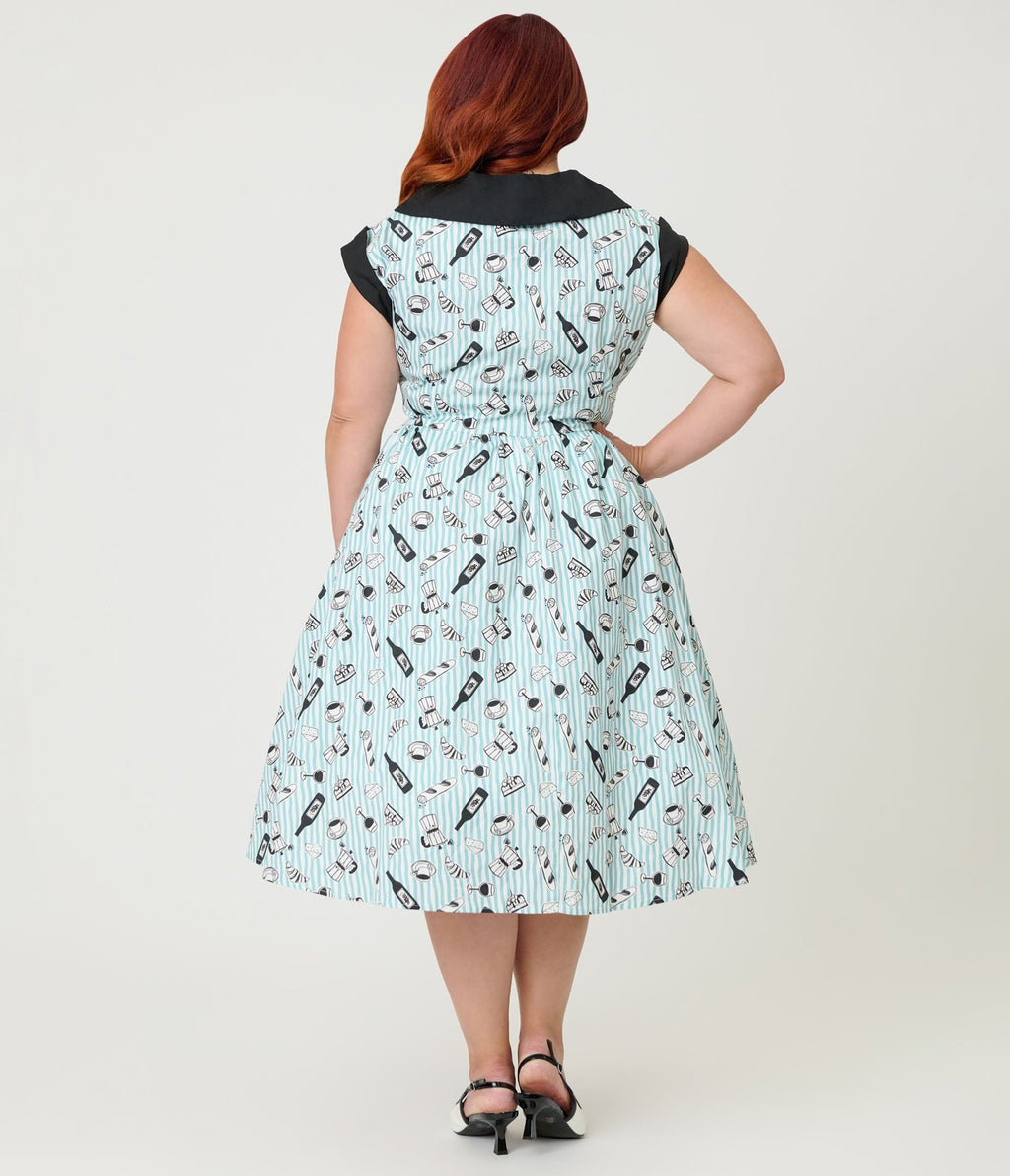Unique Vintage Plus Size Blue Stripe & Paris Cafe Print Swing Dress - Unique Vintage - Womens, DRESSES, SWING