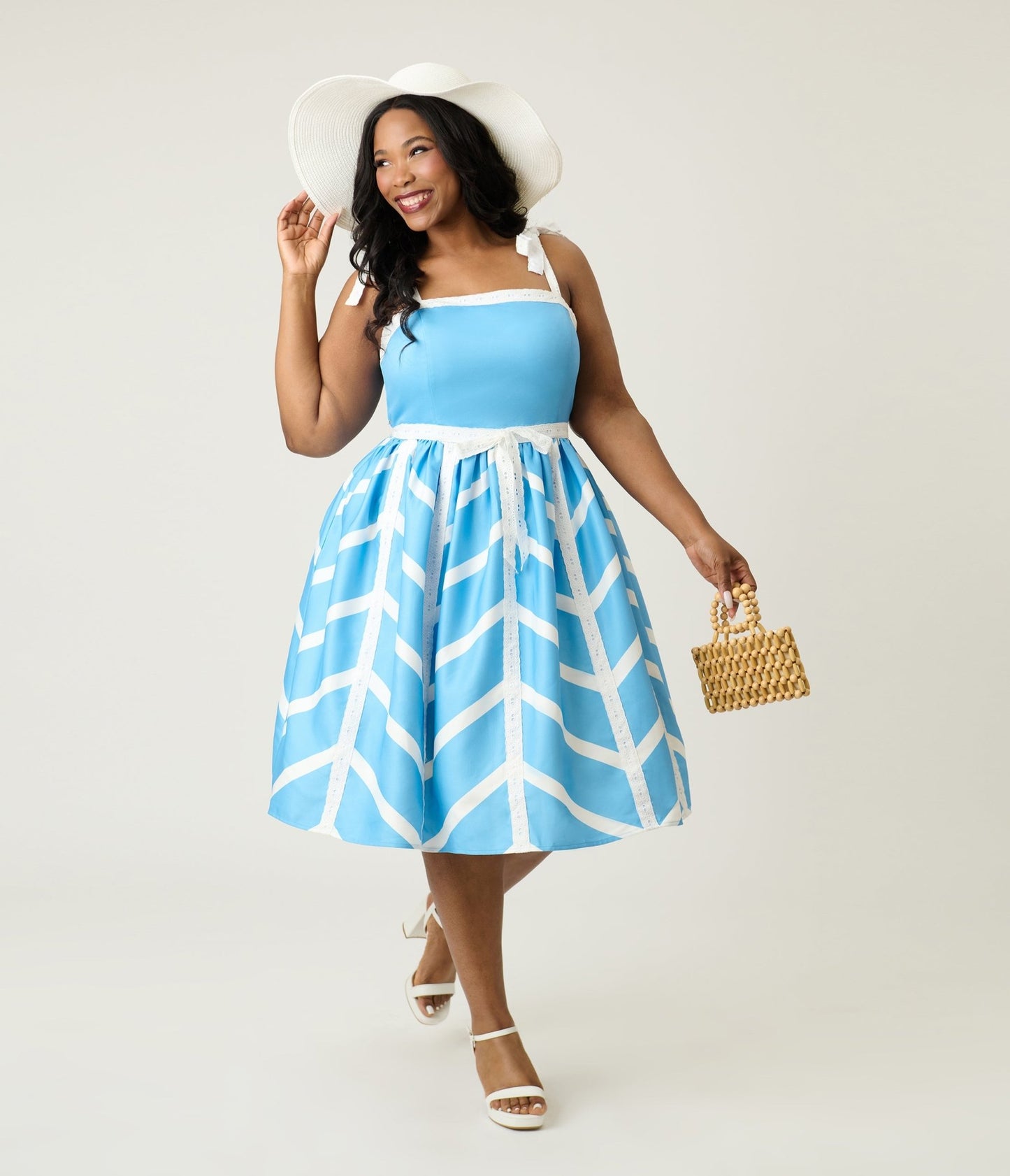 Unique Vintage Plus Size Blue & White Chevron Eyelet Swing Dress - Unique Vintage - Womens, DRESSES, SWING