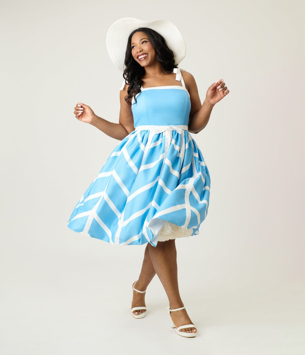 Unique Vintage Plus Size Blue & White Chevron Eyelet Swing Dress Unique Vintage Plus Size Blue & White Chevron Eyelet Swing Dress