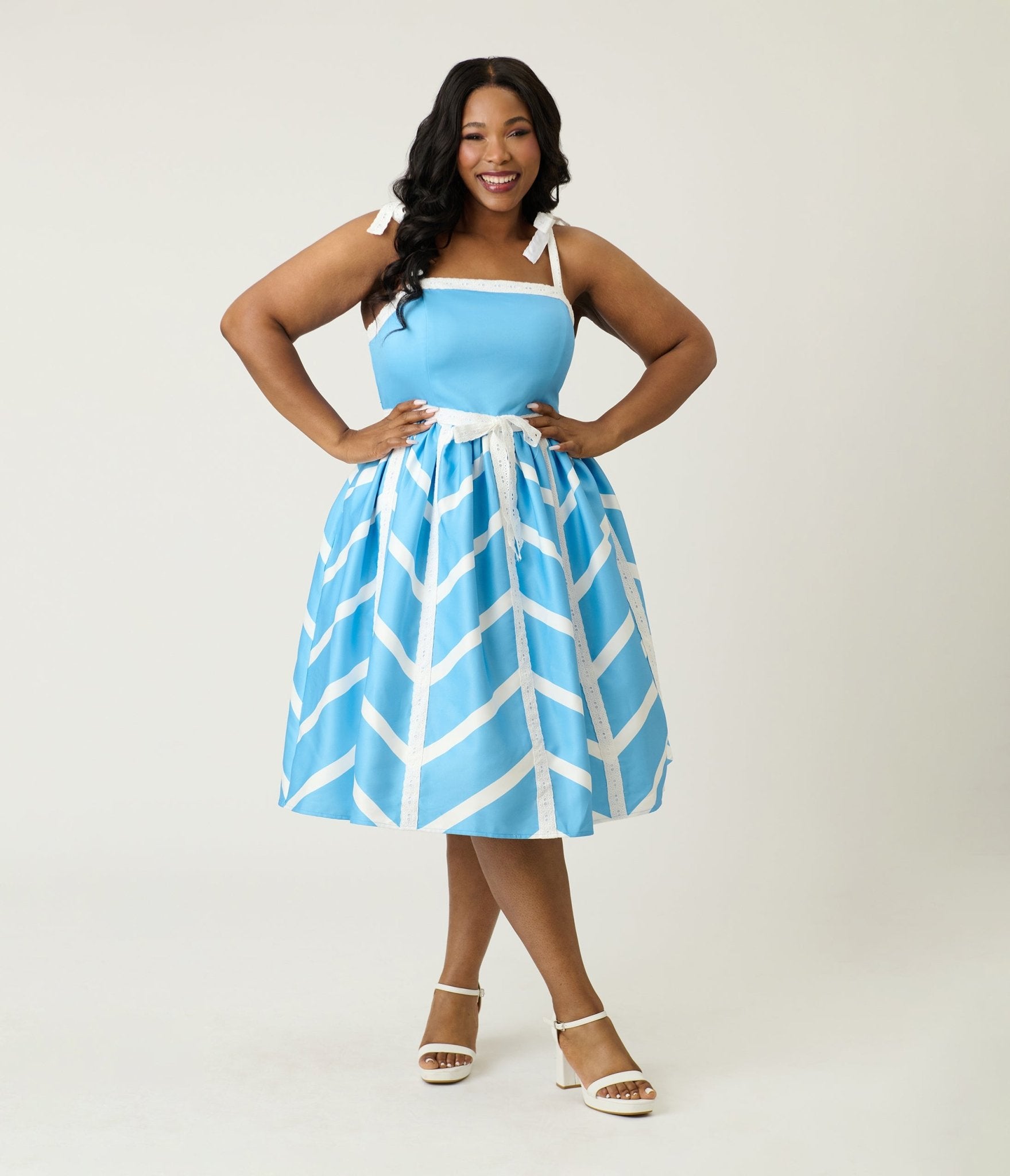 Unique Vintage Plus Size Blue \u0026 White Chevron Eyelet Swing Dress