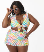 Unique Vintage Plus Size Bright Rainbow Gingham Swim Top - Unique Vintage - Womens, SWIM, TOP