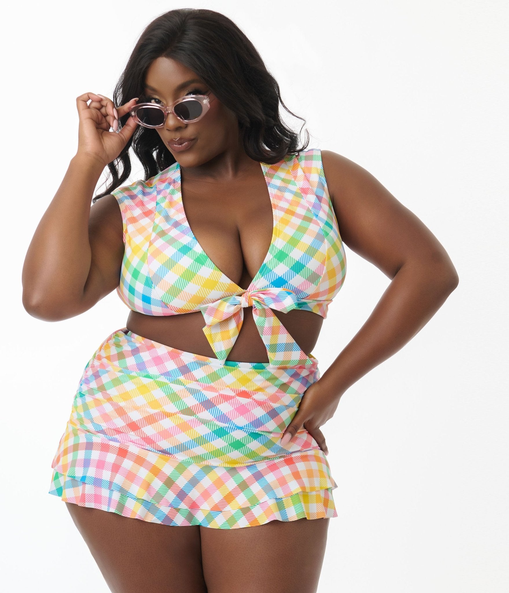 Unique Vintage Plus Size Bright Rainbow Gingham Swim Top - Unique Vintage - Womens, SWIM, TOP