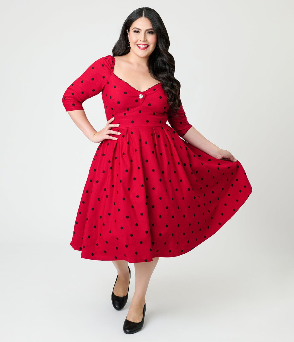 Unique Vintage Plus Size Burgundy & Black Dot Sweetheart Lamar Swing Dress - Unique Vintage - Womens, DRESSES, SWING