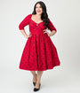 Unique Vintage Plus Size Burgundy & Black Dot Sweetheart Lamar Swing Dress