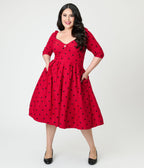 Unique Vintage Plus Size Burgundy & Black Dot Sweetheart Lamar Swing Dress - Unique Vintage - Womens, DRESSES, SWING