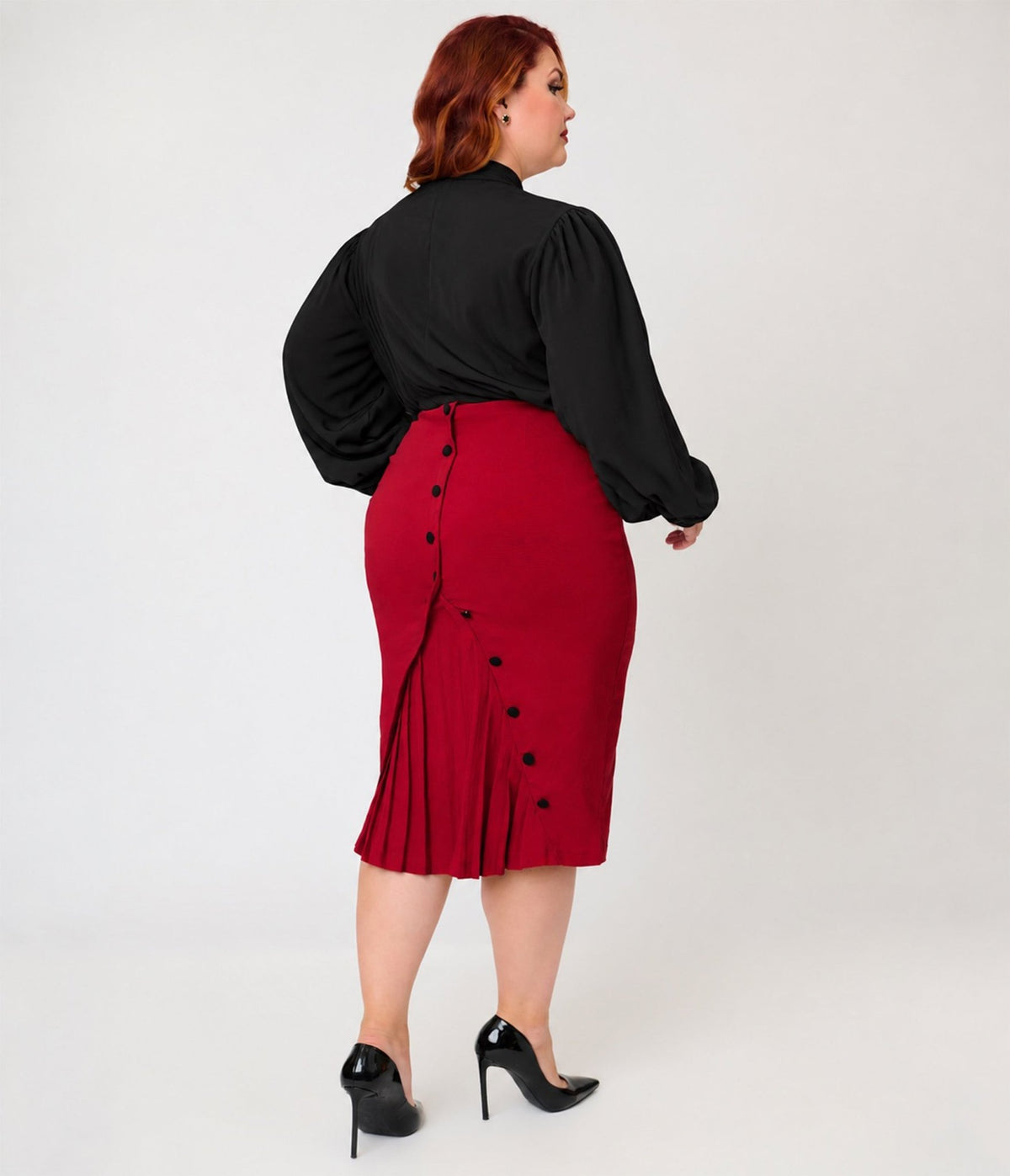 Unique Vintage Plus Size Burgundy Button Pencil Skirt - Unique Vintage - Pencil Skirts