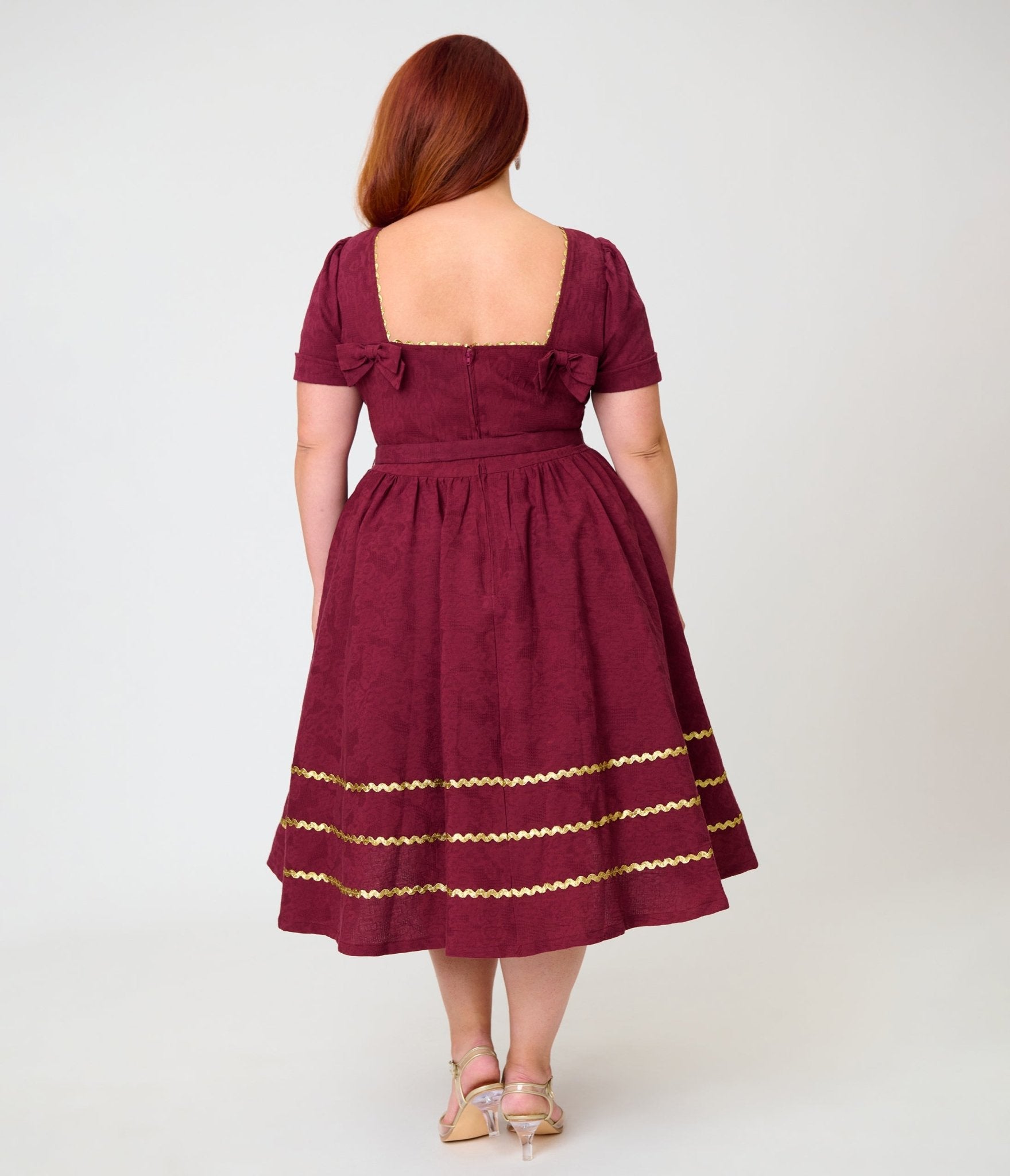 Unique Vintage Plus Size Burgundy Celestial Pin Swing Dress
