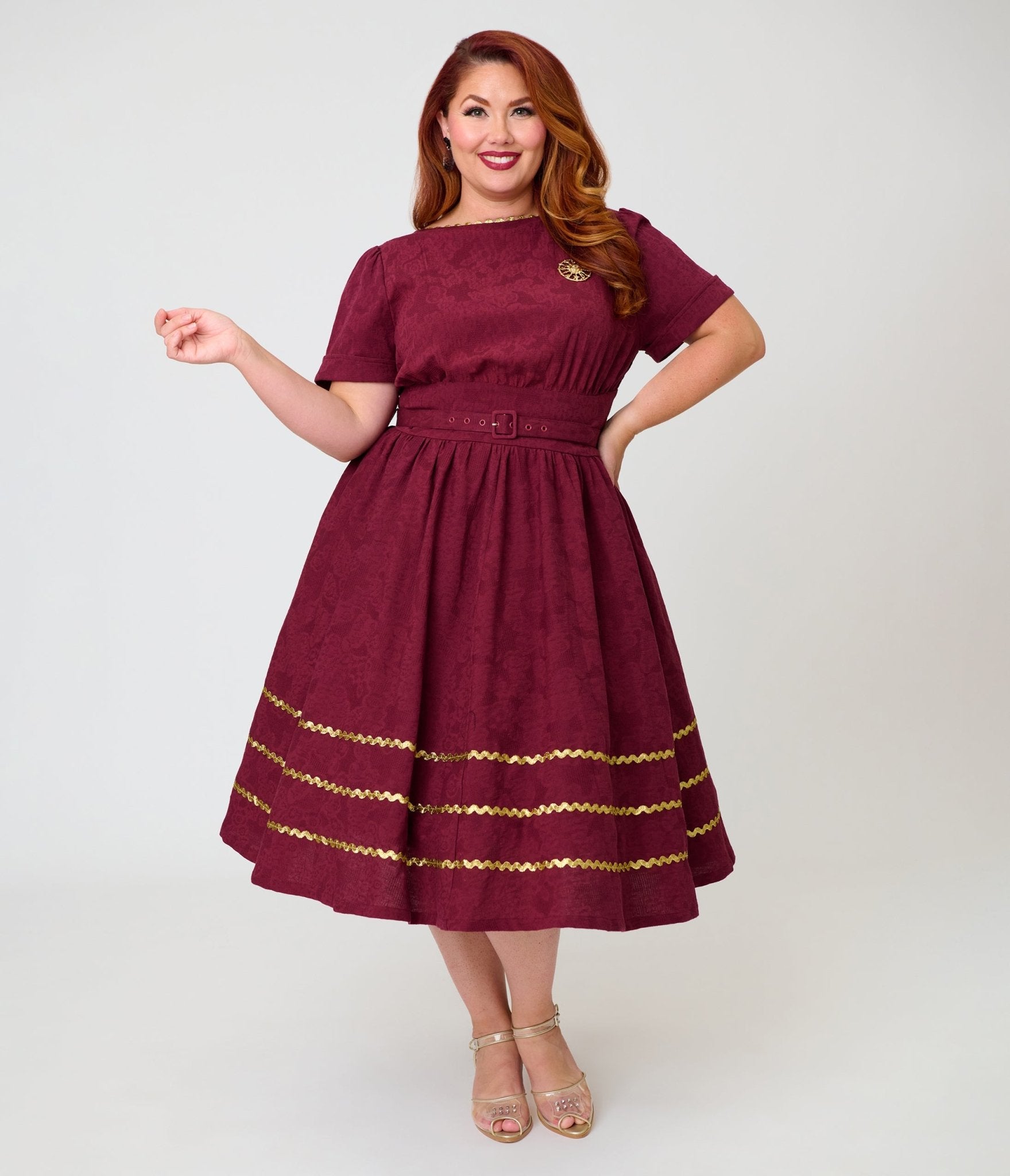 Unique Vintage Plus Size Burgundy Celestial Pin Swing Dress