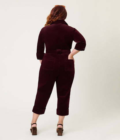 Unique Vintage Plus Size Burgundy Corduroy Trixie Jumpsuit - Unique Vintage - Womens, BOTTOMS, ROMPERS AND JUMPSUITS