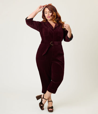 Unique Vintage Plus Size Burgundy Corduroy Trixie Jumpsuit - Unique Vintage - Womens, BOTTOMS, ROMPERS AND JUMPSUITS