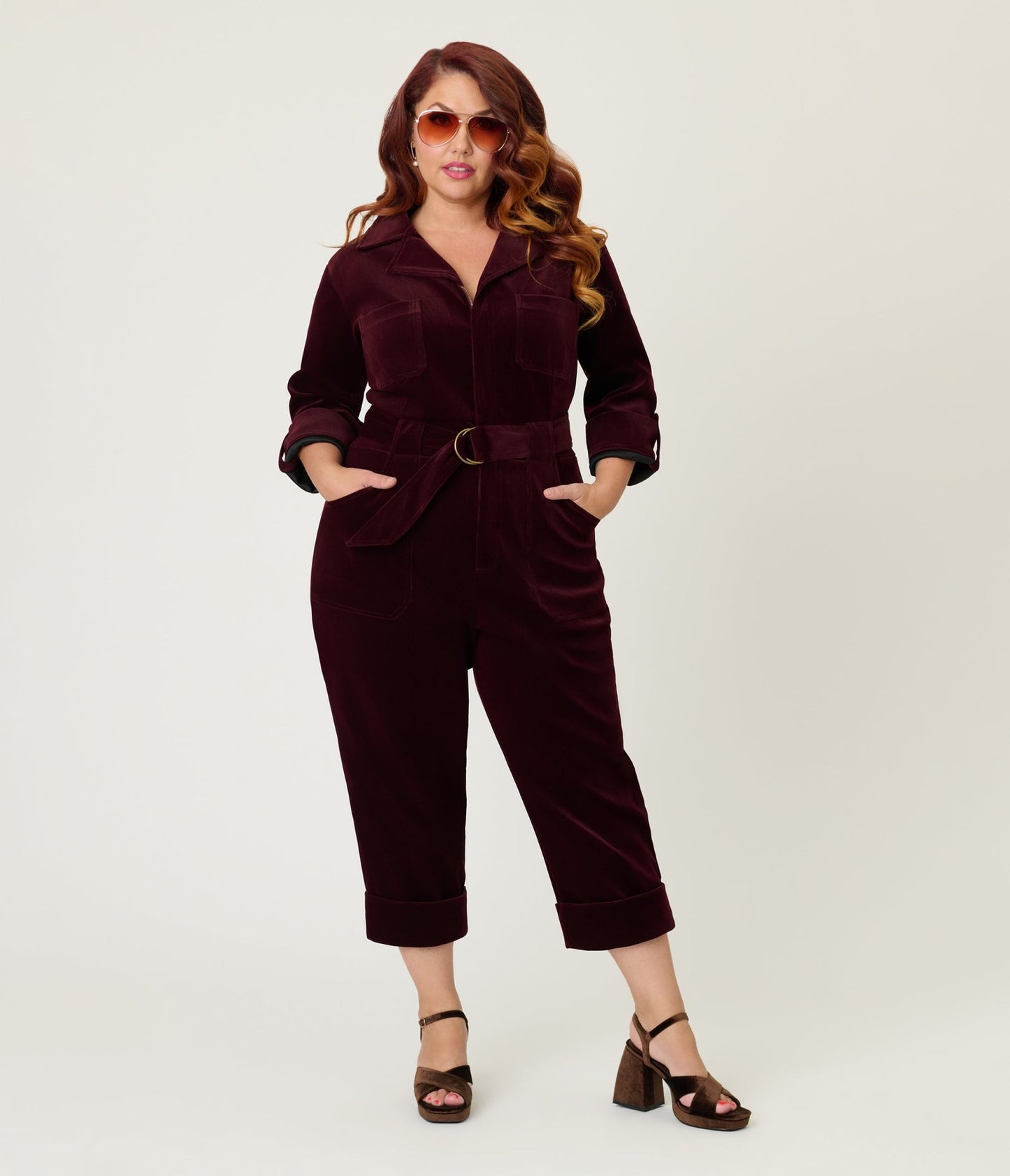 Unique Vintage Plus Size Burgundy Corduroy Trixie Jumpsuit - Unique Vintage - Womens, BOTTOMS, ROMPERS AND JUMPSUITS
