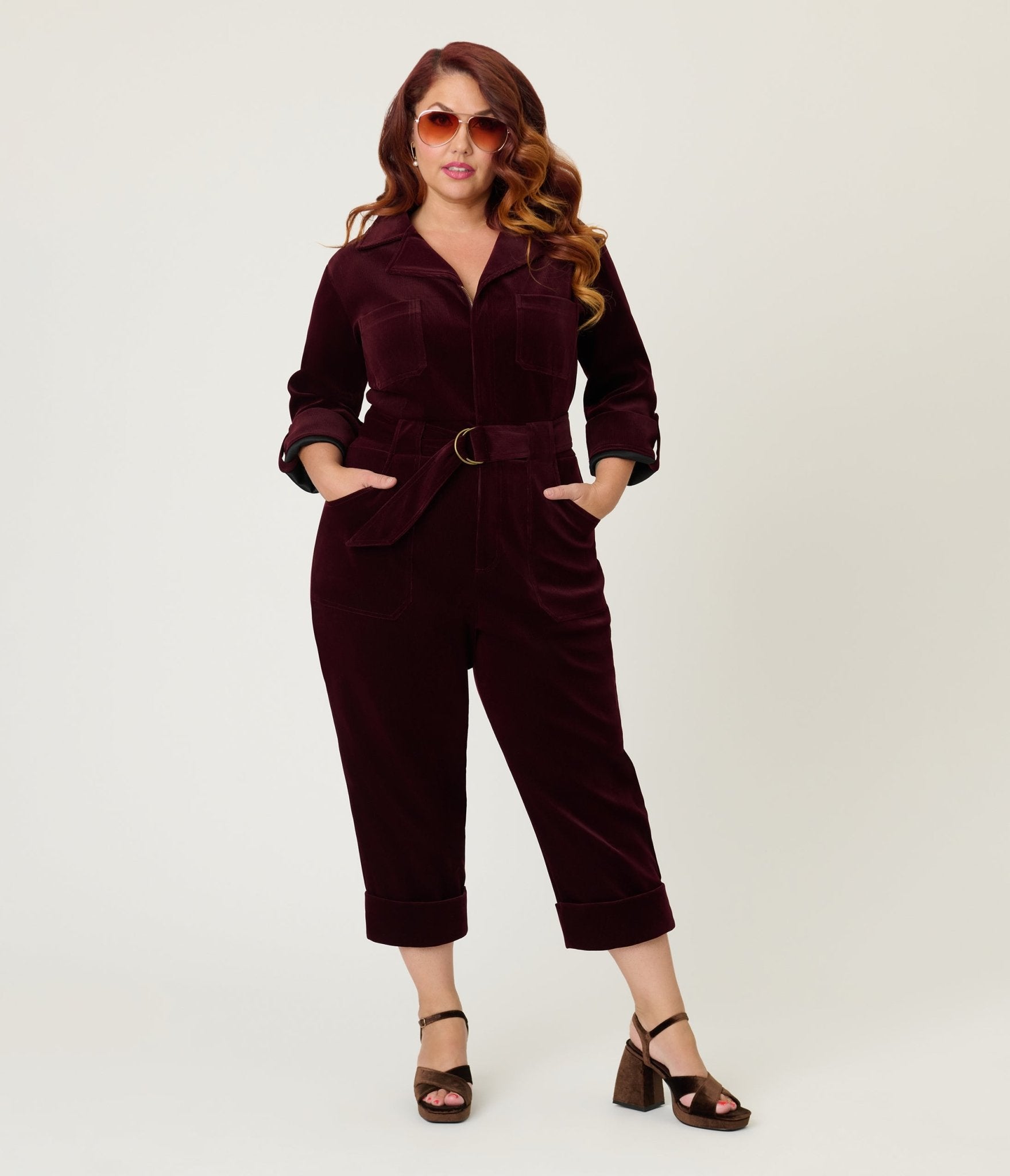 Unique Vintage Plus Size Burgundy Corduroy Trixie Jumpsuit - Unique Vintage - Womens, BOTTOMS, ROMPERS AND JUMPSUITS