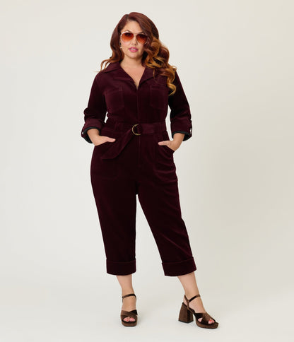 Unique Vintage Plus Size Burgundy Corduroy Trixie Jumpsuit - Unique Vintage - Womens, BOTTOMS, ROMPERS AND JUMPSUITS