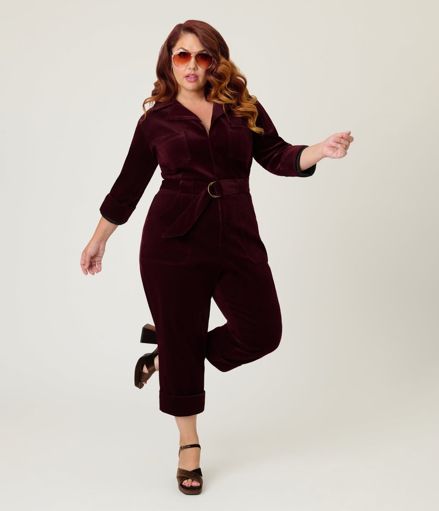 Unique Vintage Plus Size Burgundy Corduroy Trixie Jumpsuit - Unique Vintage - Womens, BOTTOMS, ROMPERS AND JUMPSUITS