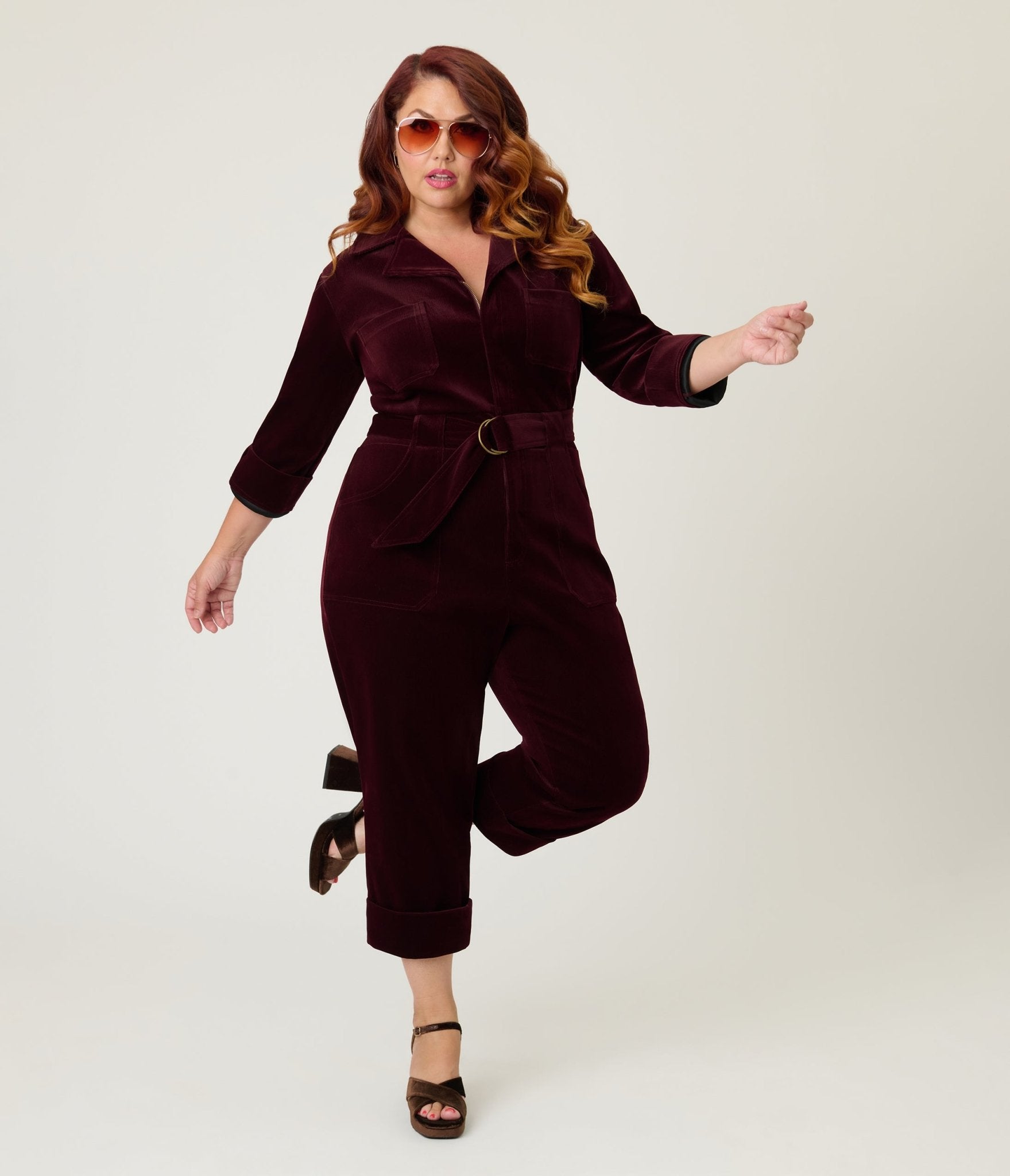 Unique Vintage Plus Size Burgundy Corduroy Trixie Jumpsuit - Unique Vintage - Womens, BOTTOMS, ROMPERS AND JUMPSUITS