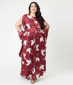 Unique Vintage Plus Size Burgundy Crane Flutter Sleeve Caftan - Unique Vintage - Womens, DRESSES, MAXI