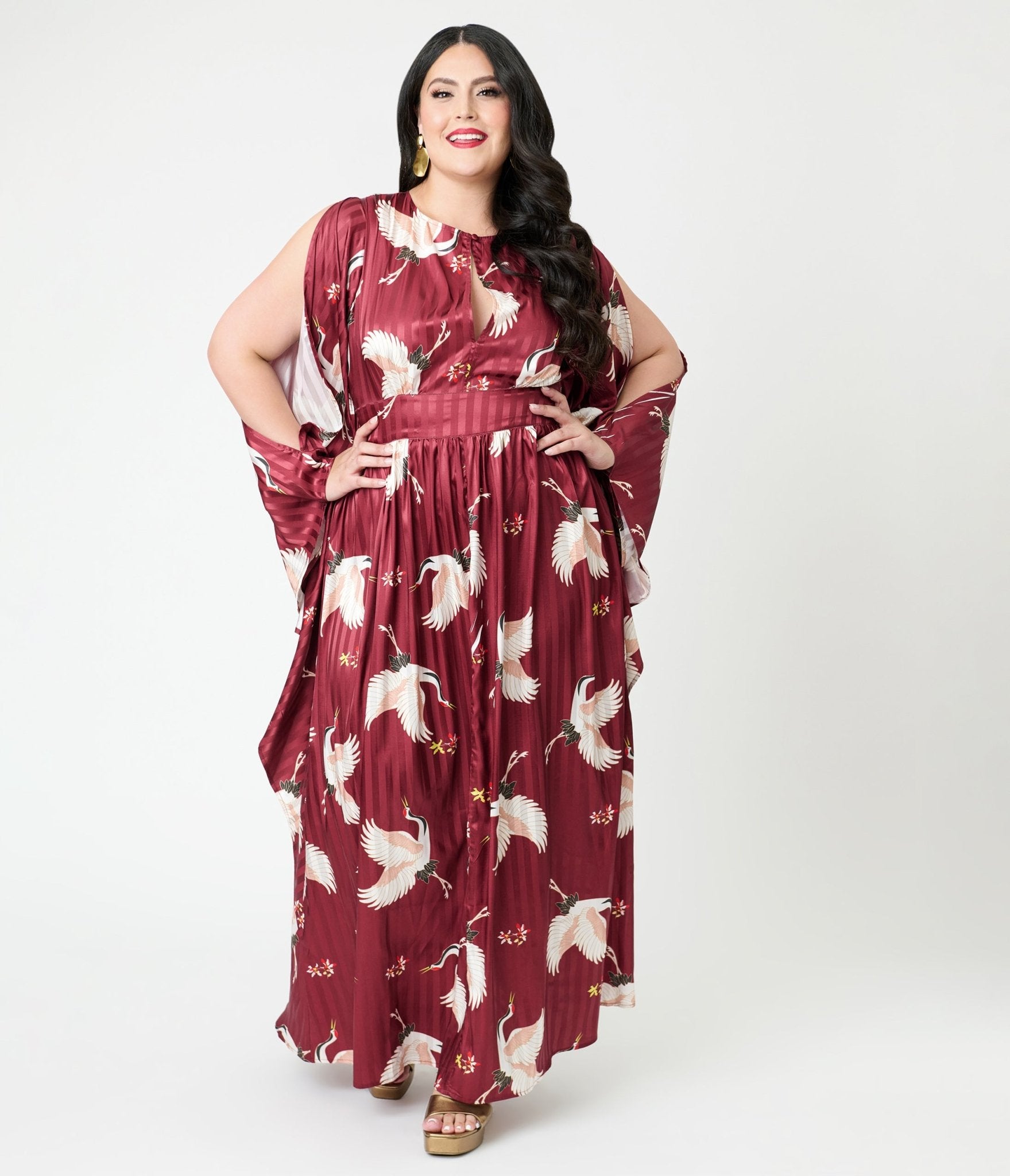 Unique Vintage Plus Size Burgundy Crane Flutter Sleeve Caftan - Unique Vintage - Womens, DRESSES, MAXI