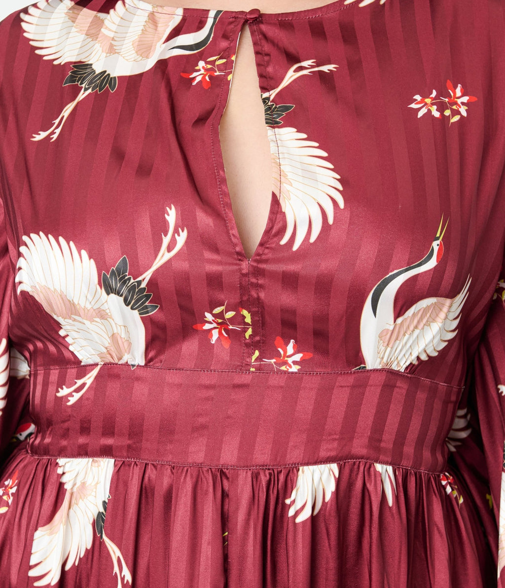 Unique Vintage Plus Size Burgundy Crane Flutter Sleeve Caftan - Unique Vintage - Womens, DRESSES, MAXI