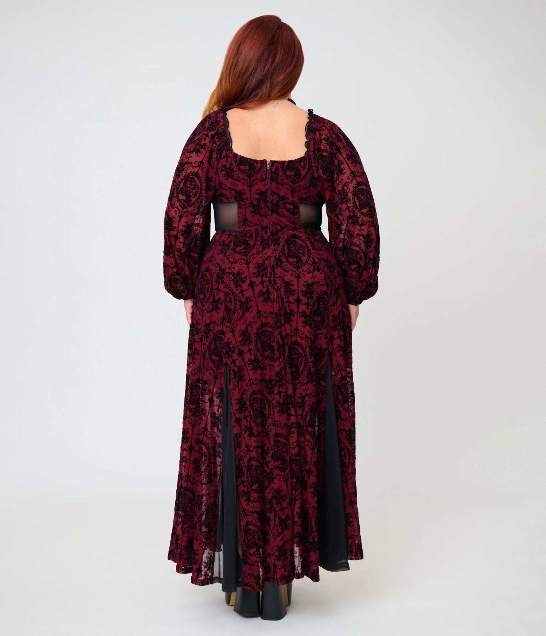 Unique Vintage Plus Size Burgundy Flocked Godet Maxi Dress - Unique Vintage - Womens, DRESSES, MAXI