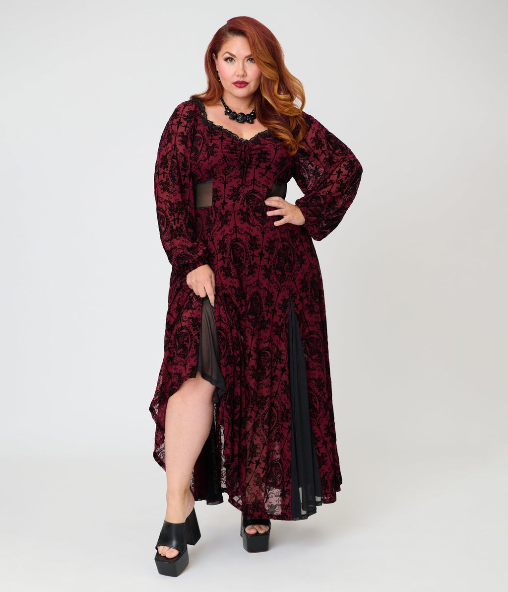 Unique Vintage Plus Size Burgundy Flocked Godet Maxi Dress - Unique Vintage - Womens, DRESSES, MAXI