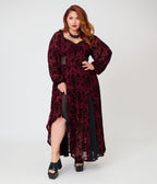 Unique Vintage Plus Size Burgundy Flocked Godet Maxi Dress - Unique Vintage - Womens, DRESSES, MAXI