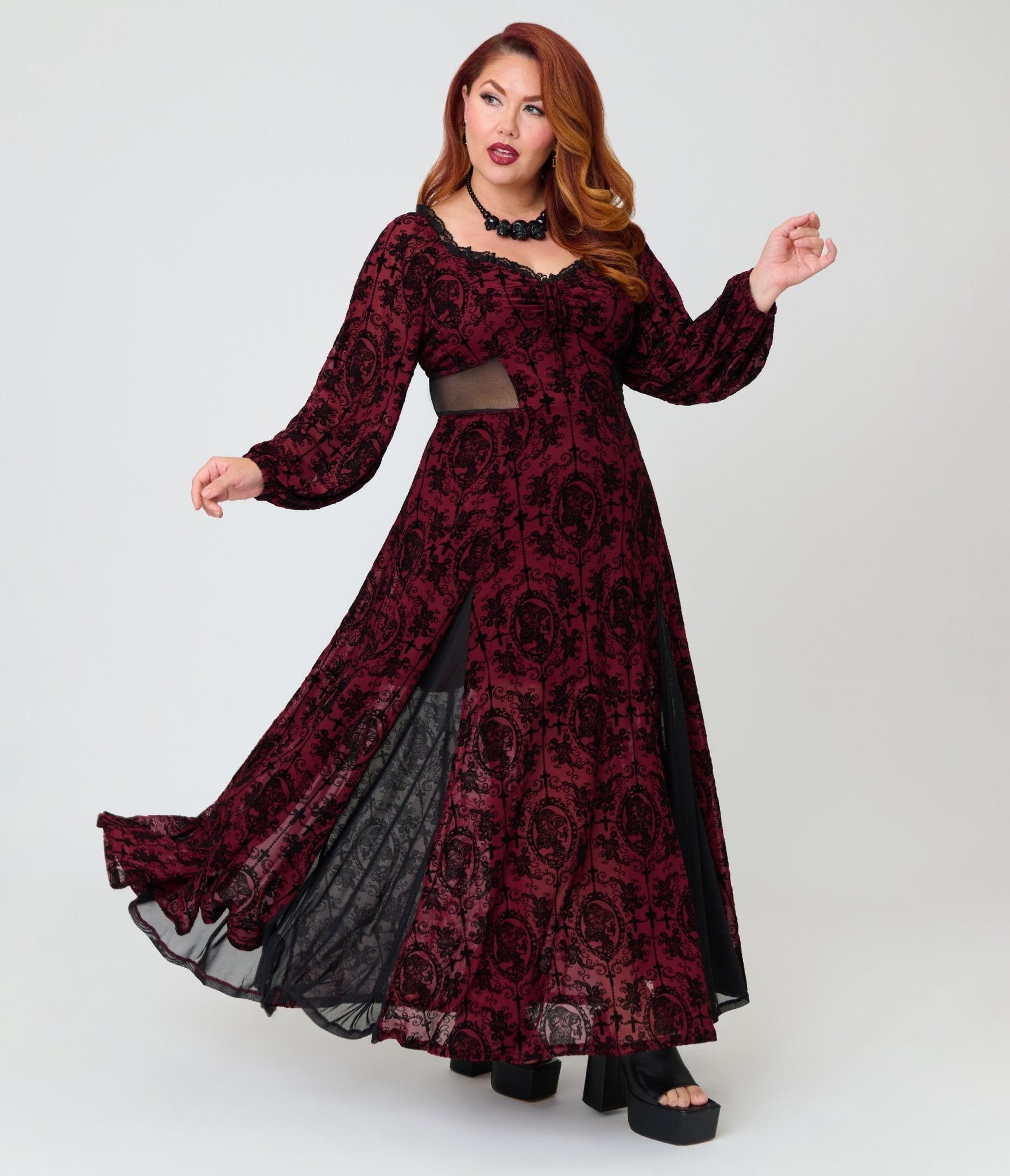 Unique Vintage Plus Size Burgundy Flocked Godet Maxi Dress