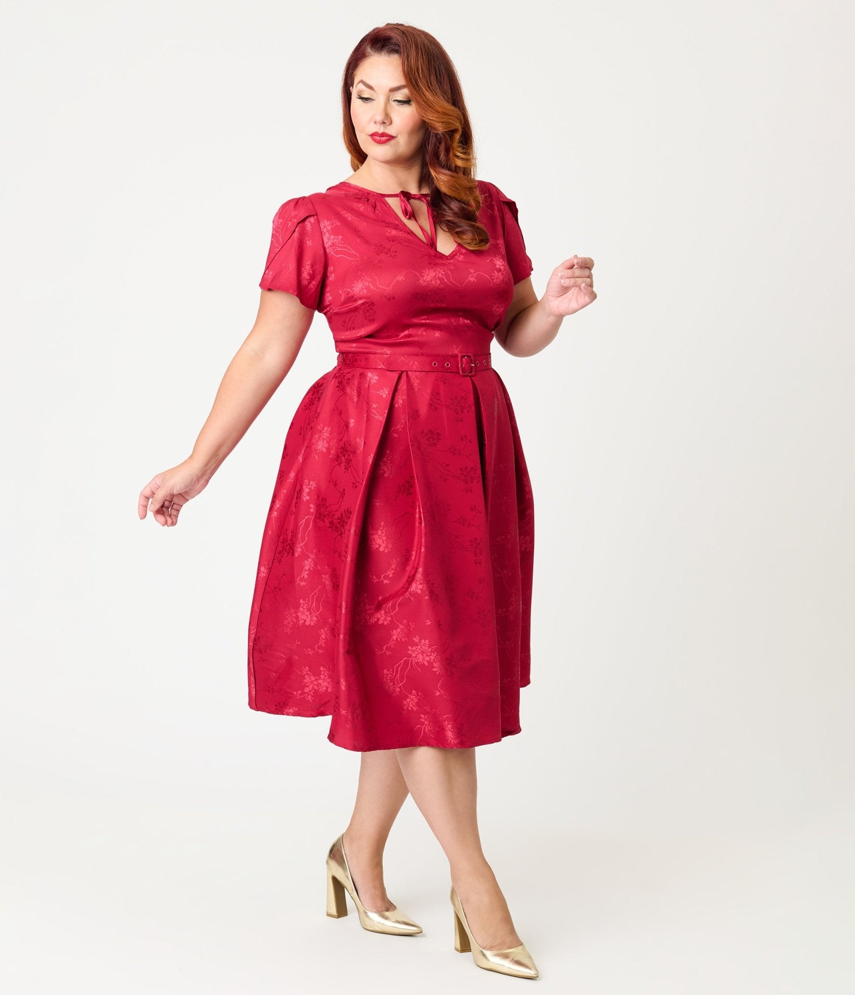 Unique Vintage Plus Size Red Floral Print Dahlia Swing Dress
