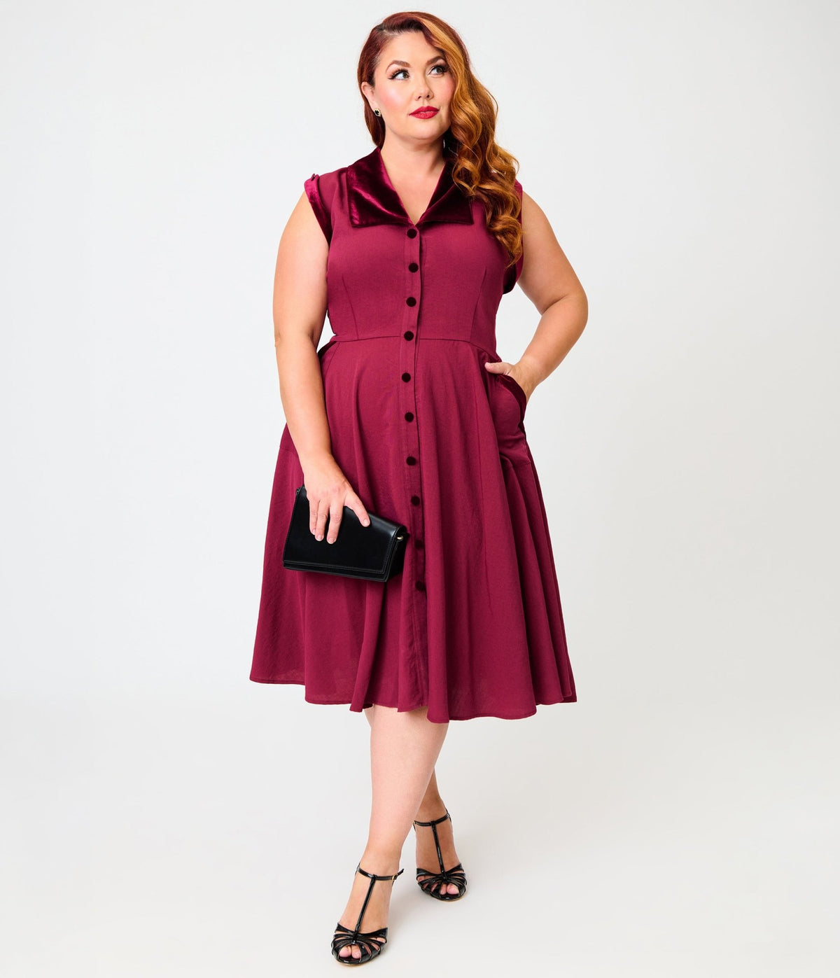 Unique Vintage Plus Size Burgundy Gale Shirt Dress - Unique Vintage - Swing Dresses