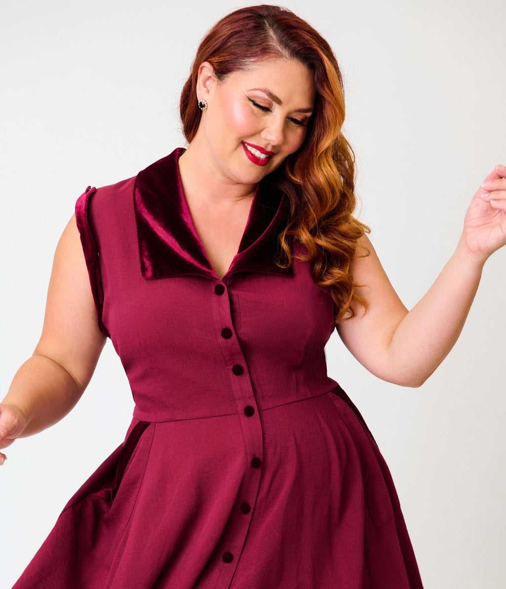 Unique Vintage Plus Size Burgundy Gale Shirt Dress - Unique Vintage - Swing Dresses