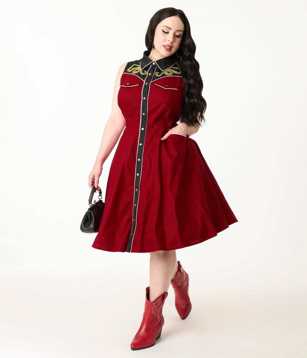 Unique Vintage Plus Size Burgundy & Gold Snake Embroidery Western Cotton Flare Dress - Unique Vintage - Womens, DRESSES