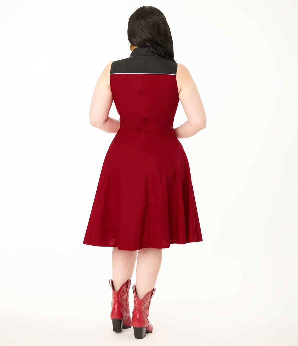 Unique Vintage Plus Size Burgundy & Gold Snake Embroidery Western Cotton Flare Dress - Unique Vintage - Womens, DRESSES